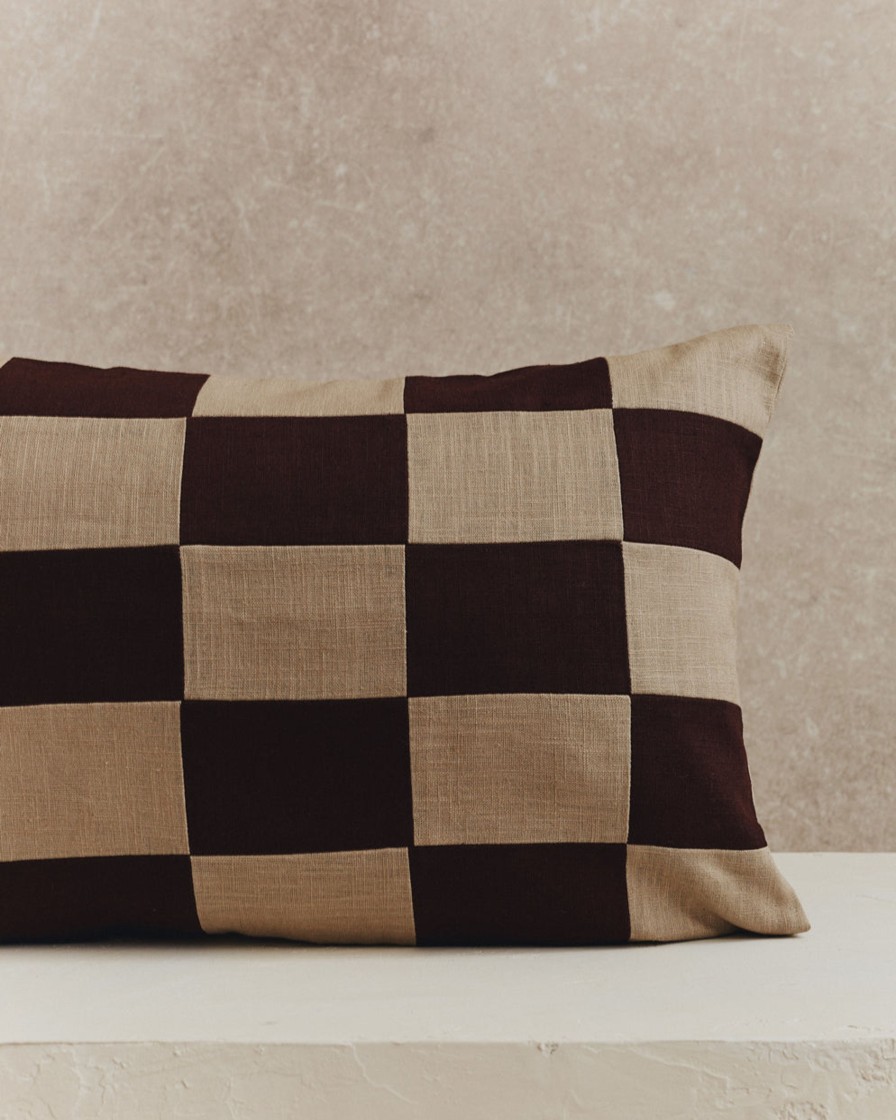 Homeware Form & Balance | Chequered Rectangle Cushion Cover | Espresso And Stone