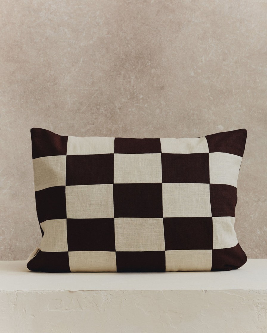 Homeware Form & Balance | Chequered Rectangle Cushion Cover | Espresso And Ecru